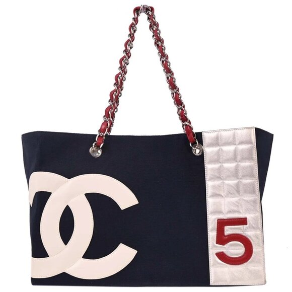 Chanel Navy Silver Canvas No.5 Choco Bar Tote Handbag - Picture 1 of 10